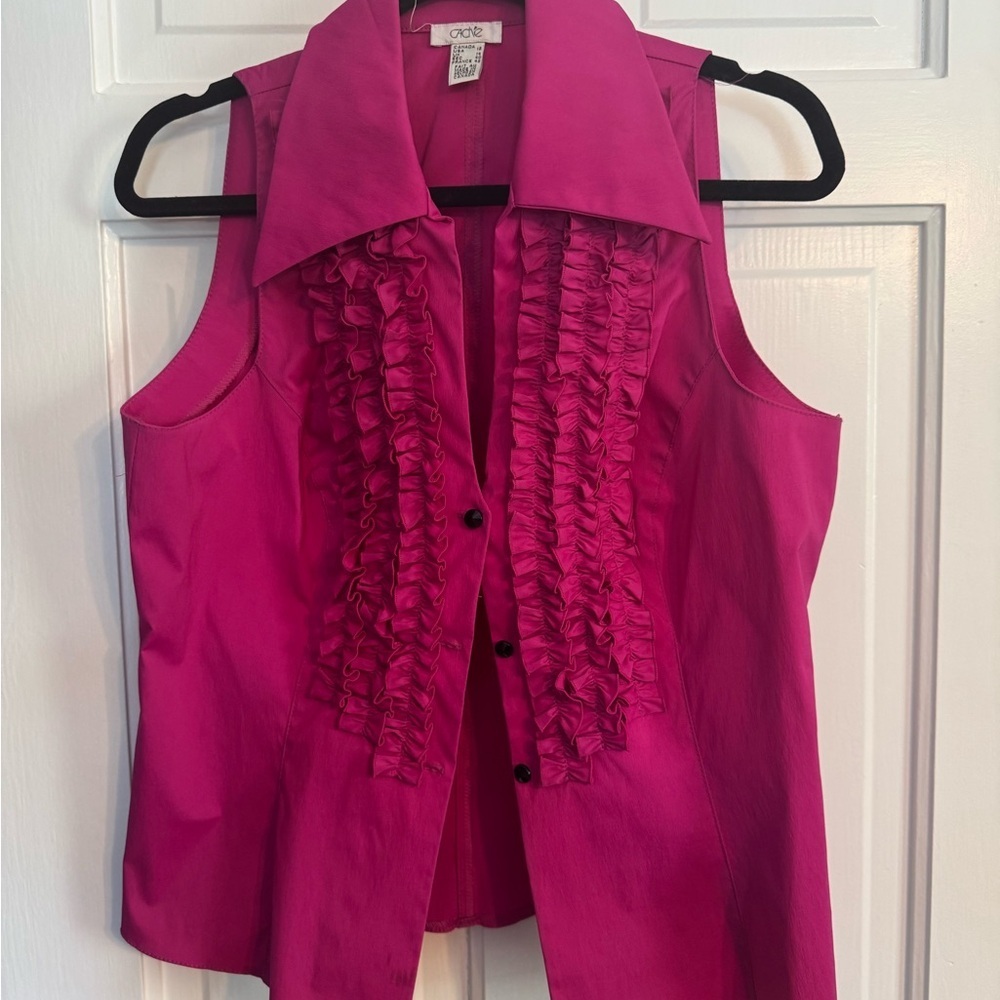 Vintage Cache Pink Ruffle Front Blouse Sleeveless Button Up Top Size 12 Retro Fe